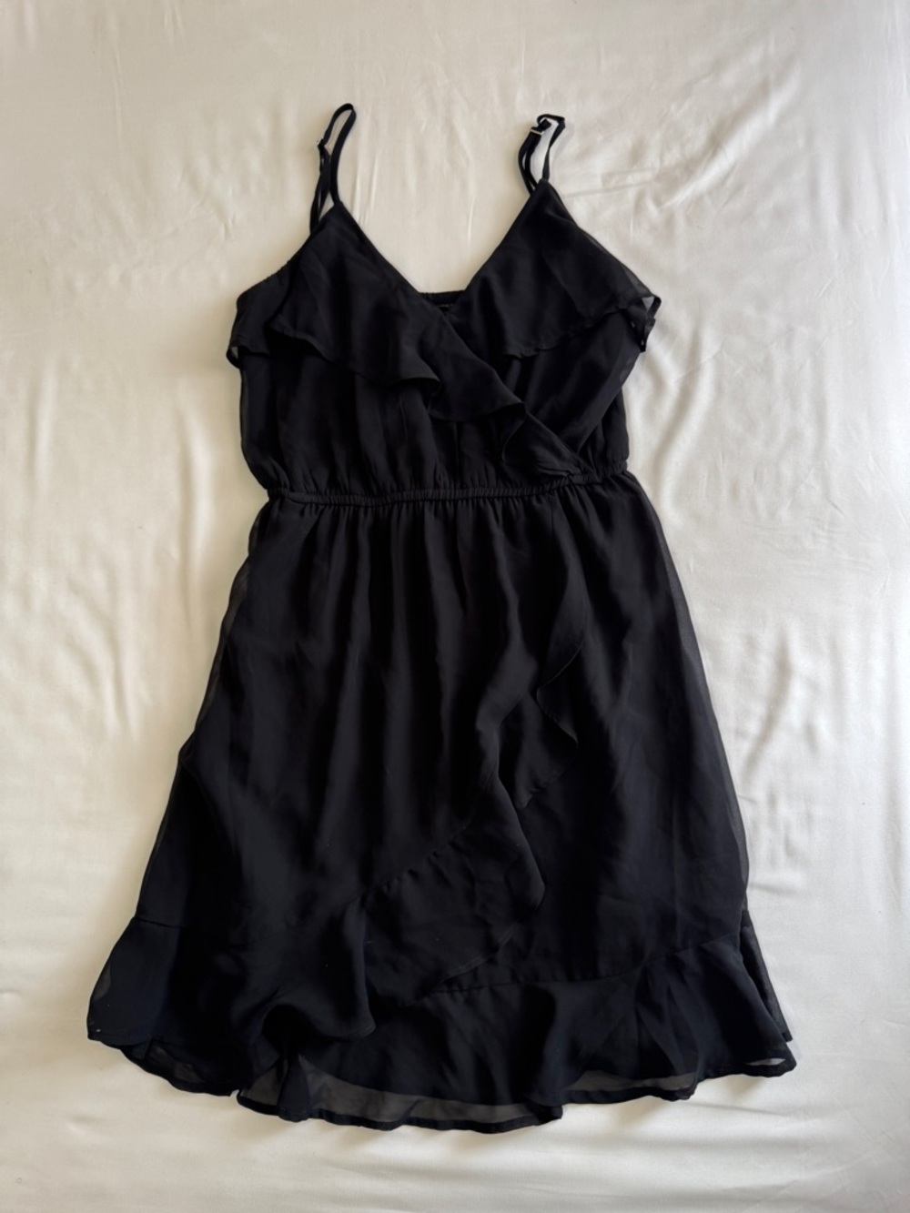 Fun & Flirt Black Spaghetti Strap Dress with Ruffle Trim